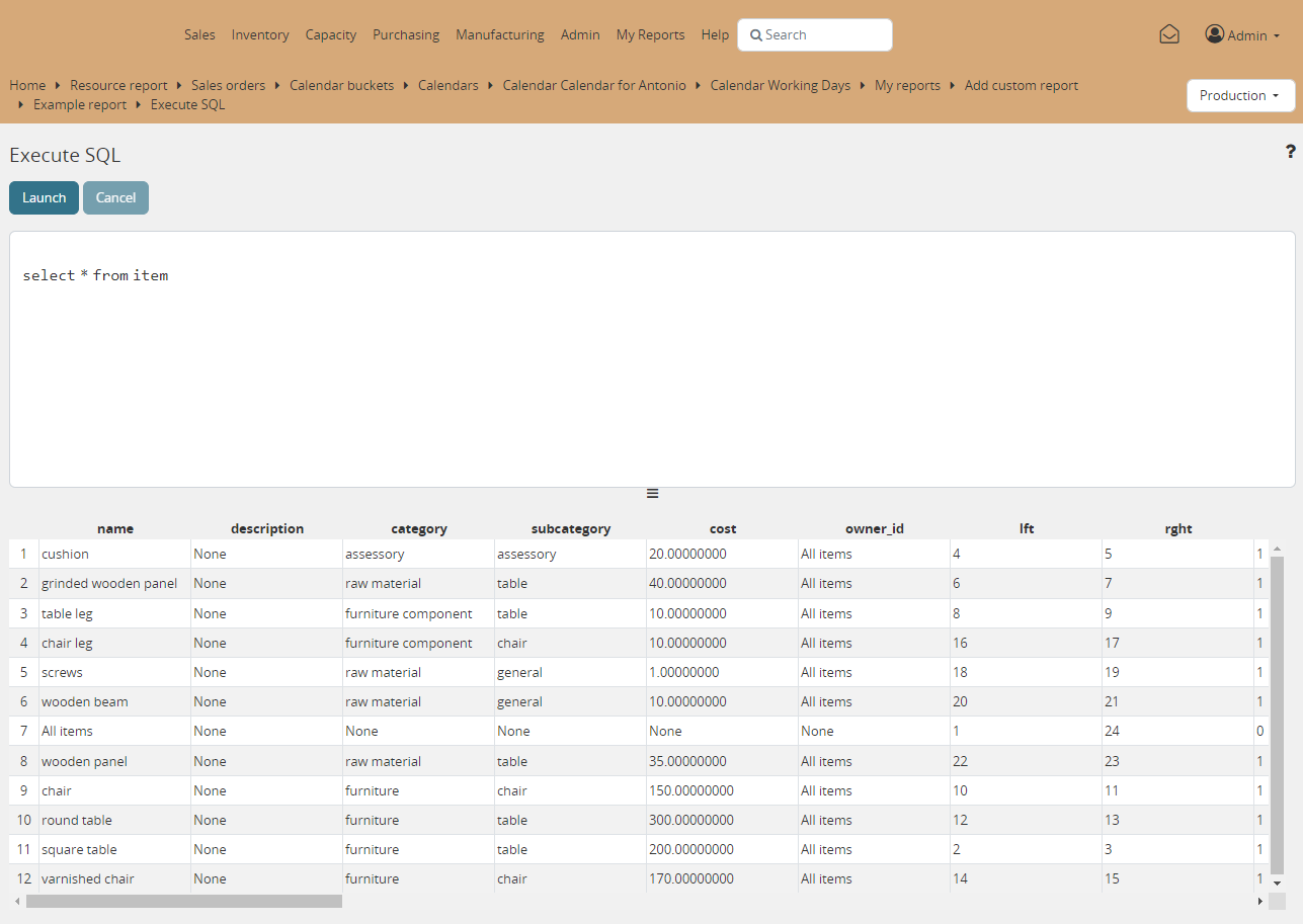 SQL execution screen